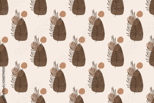 Abstract leaf line art seamless pattern background, boho botanical warm earth tone wallpaper