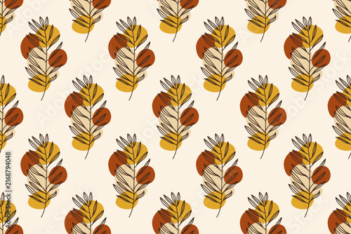Abstract leaf line art seamless pattern background, boho botanical warm earth tone wallpaper