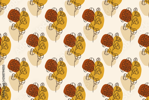 Abstract leaf line art seamless pattern background, boho botanical warm earth tone wallpaper
