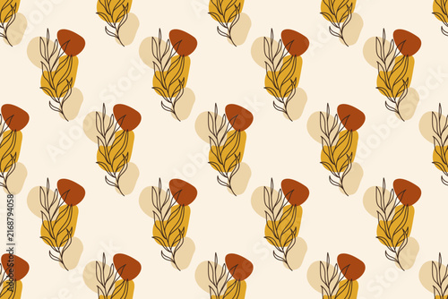Abstract leaf line art seamless pattern background, boho botanical warm earth tone wallpaper