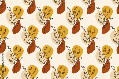 Abstract leaf line art seamless pattern background, boho botanical warm earth tone wallpaper