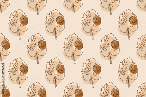 Abstract leaf line art seamless pattern background, boho botanical warm earth tone wallpaper