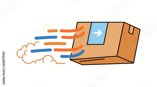 Illustration of a cardboard box in motion, signifying fast delivery and shipping services, with speed lines and clouds