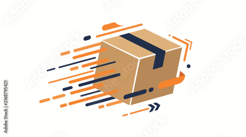 Fast delivery of cardboard box with motion lines and arrows symbolizing speed and efficiency