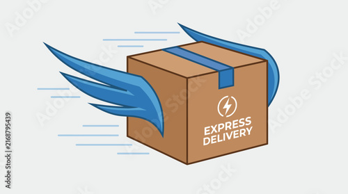Fast express delivery service icon of a flying cardboard box package with wings