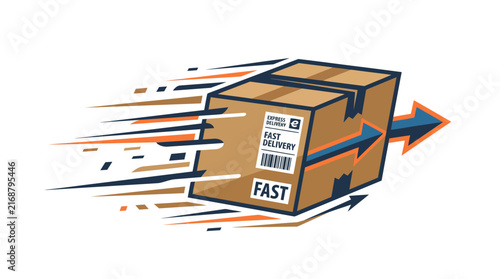 Dynamic illustration of a fast-moving delivery package, symbolizing swift e-commerce shipping, express logistics, and efficient parcel transportation services