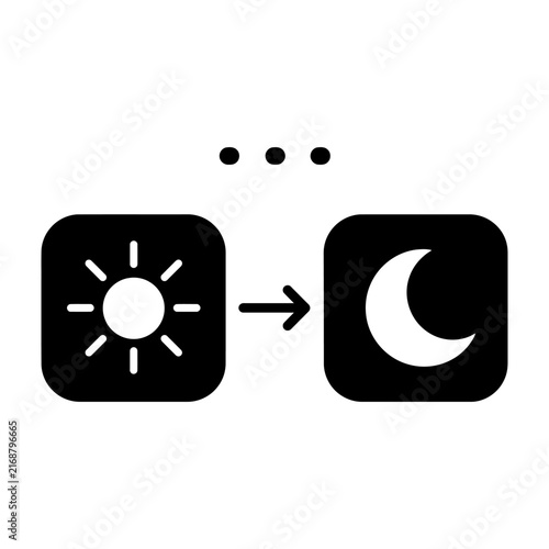 Two square icons transitioning from a sun symbol to a moon symbol with dotted lines suggesting a time or mode change.