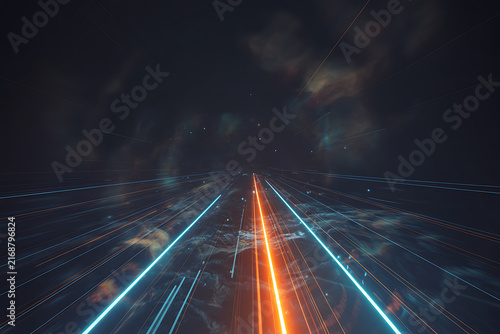 Abstract light trails moving fast in dark digital space illustration