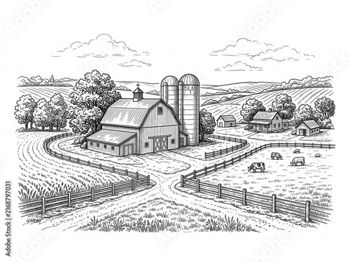 Rural farm with barn and silos illustration