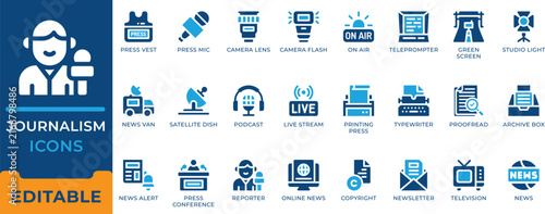 Canvastavla Journalism Press Reporter News Broadcasting Icon Set - editable vectors for mass media, live stream, podcast, and television