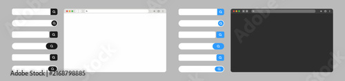 Search Bar and Browser Window UI Kit. Light and Dark Search Field, URL Bar, Web Browser, and Interface Template Collection. Flat Vector Illustration.