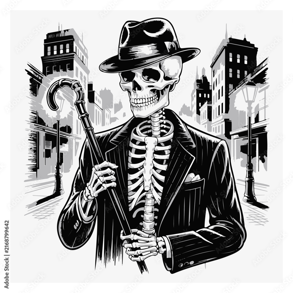 Obraz premium Skeleton man in hat holding a pocket watch in a dark urban alleyway