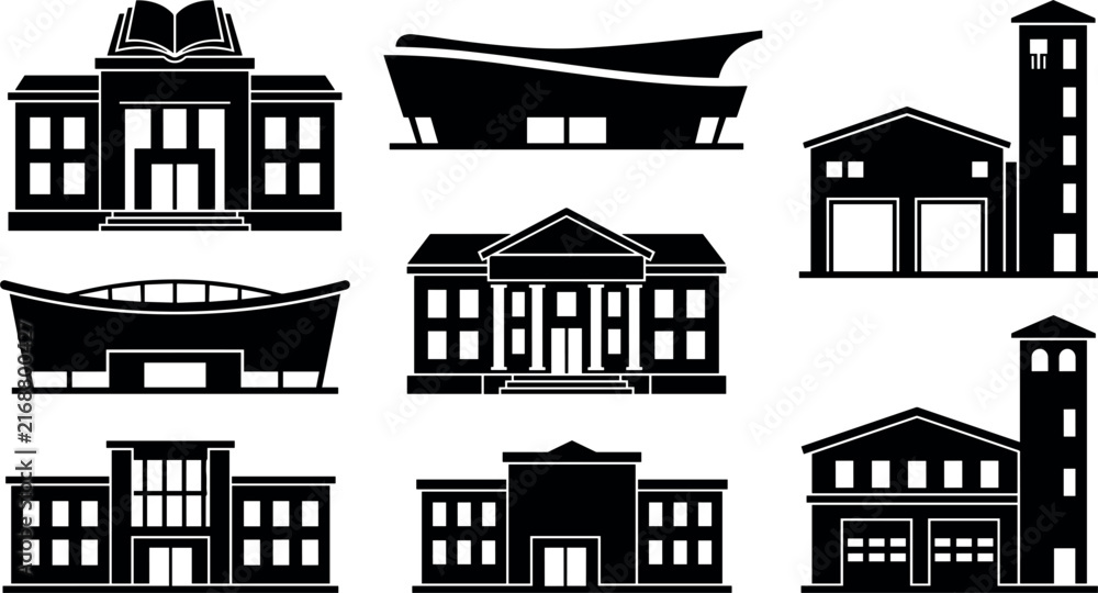 Obraz premium Collection of building silhouettes showcases various architectural styles on a white background architecture