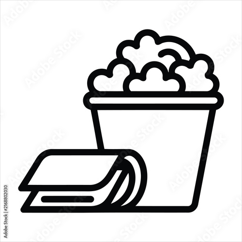 Simple linear icon of a popcorn bucket and a folded newspaper