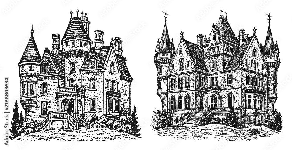 Obraz premium PNG Vintage castle illustrations with intricate details, transparent background