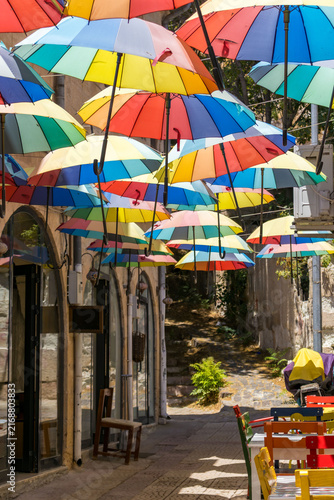 Colorful turkish village alley. The scene represents leisure travel, street culture, hospitality, and destination discovery, now