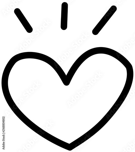 A hand drawn vector heart with three shining light rays radiating above it.