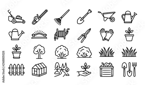 Modern Gardening and Landscaping Thin Line Icons, Garden Tools and Plant Care Vector Collection