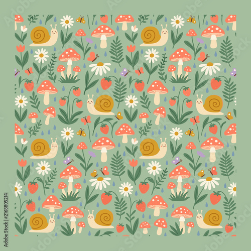 Woodland snail and mushroom seamless pattern on green