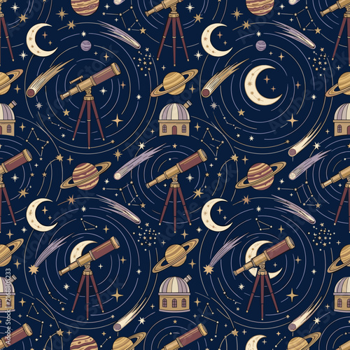 Celestial astronomy seamless pattern with vintage telescopes