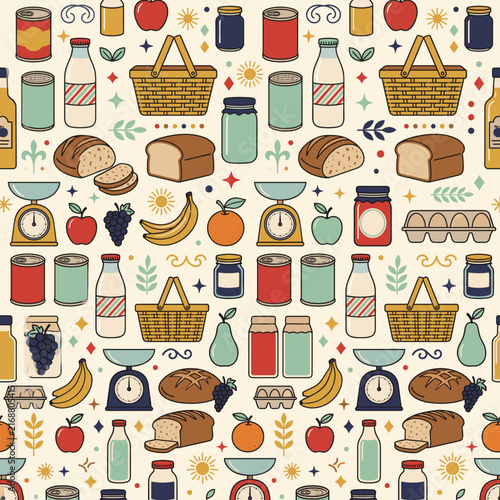 Seamless grocery and food icons vector pattern