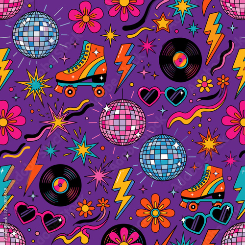 Vibrant retro disco seamless pattern with vinyl records and skates
