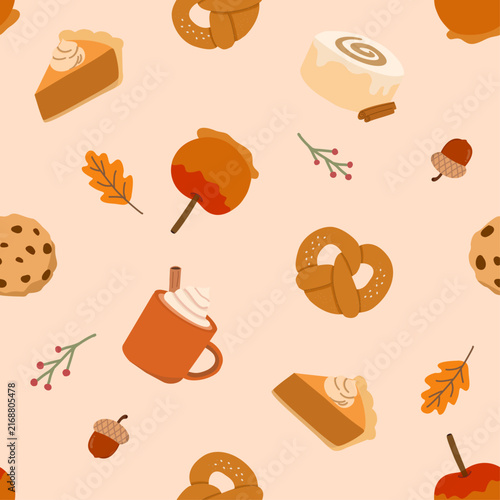 Cozy Fall Food Seamless Pattern with Autumn Leaves, Treats, and Warm Drinks