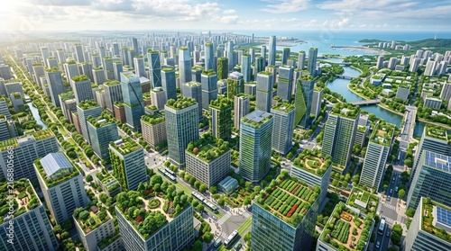 Aerial view of a futuristic eco friendly green city with vertical gardens and skyscrapers