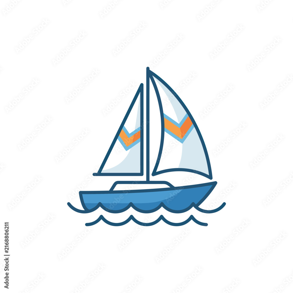 Fototapeta premium Sailboat icon, minimalist blue sailboat with orange chevron sails on wavy water