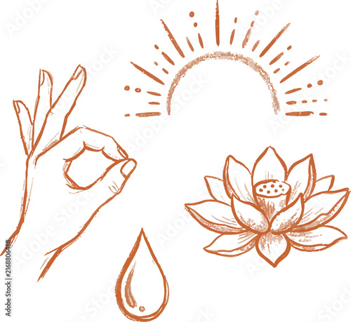 Hand gesture with lotus flower and sun icon set in boho line art style