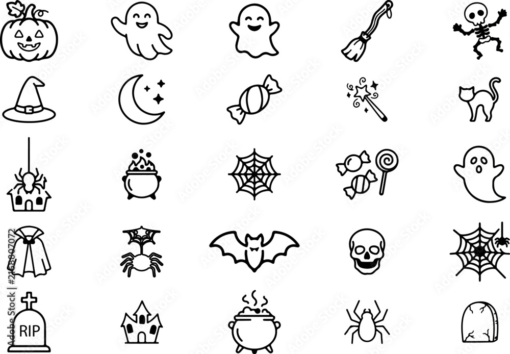 Obraz premium Halloween Icon Set Line Art, Hand Drawn Doodle Icons with Pumpkin Ghost Witch Hat Skull Bat Spider Web Cauldron Candy Tombstone, Black and White Outline Vector Collection.eps
