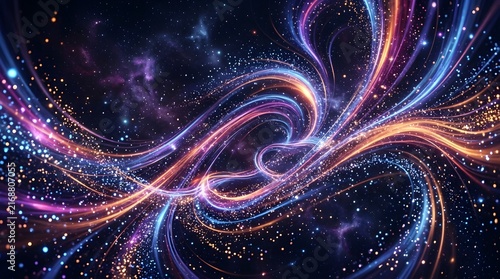 Cosmic space background with swirling glowing light trails and glittering star dust.