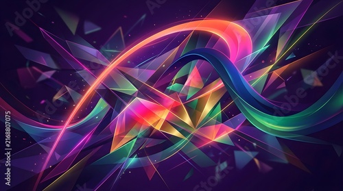 Explosion of colorful geometric shards and glowing light trails on dark background.