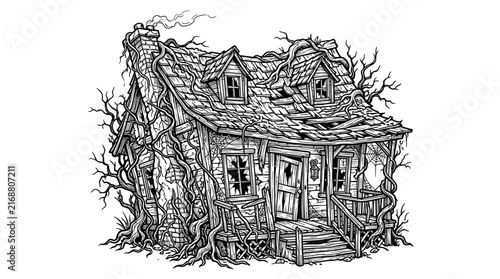 Foto Haunted abandoned cottage illustration in black and white ink sketch style