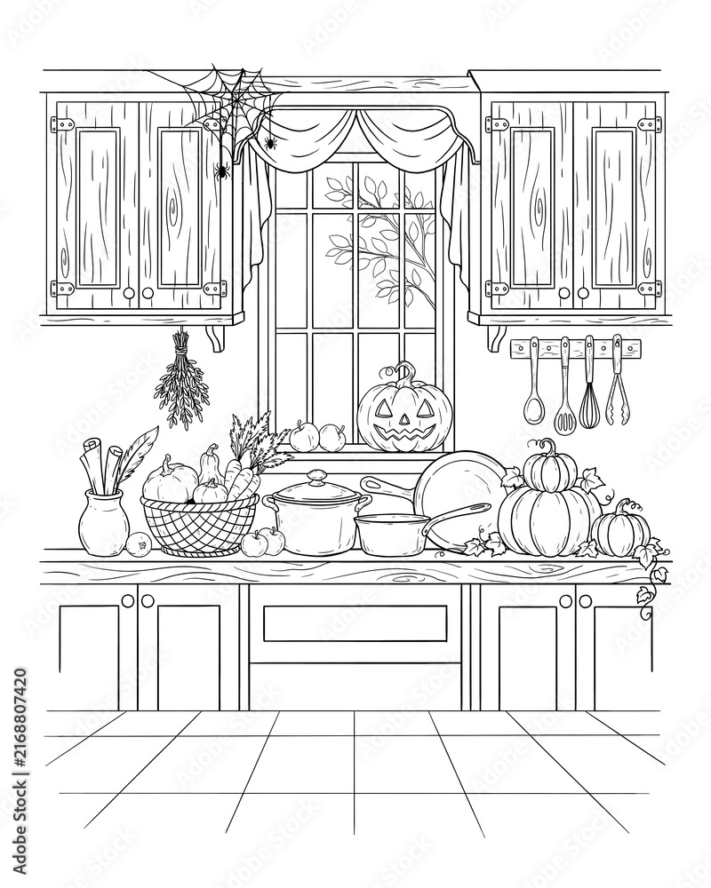 Fototapeta premium Detailed coloring page of a cozy kitchen interior decorated for halloween with pumpkins, cooking pots, utensils, and a window with curtains.