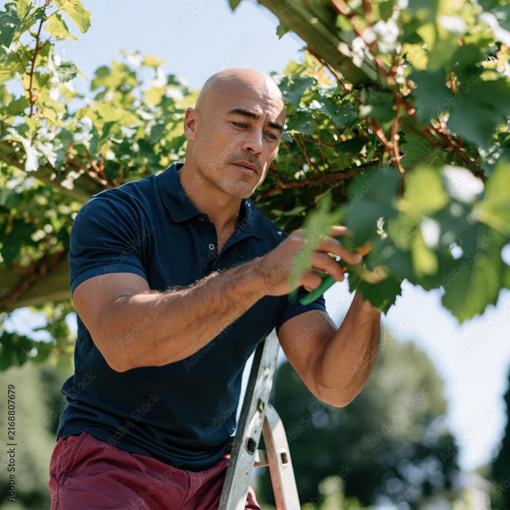 Fototapeta premium Bald man pruning grapevines on a ladder in a vineyard for harvest background and agricultural banner design