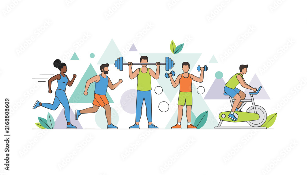 Fototapeta premium Diverse active people exercising in a gym featuring weightlifting, running, and stationary cycling.