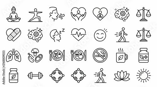 Wellness and Well-Being Monoline Icon Set – Meditation, Fitness, Healthy Lifestyle, Self-Care and Mental Health