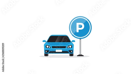 4K animation of Front-view blue car parked beside a round parking sign