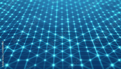 Abstract blue digital grid with glowing network connections  