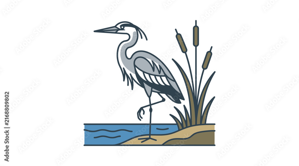Naklejka premium Heron standing by a lake with reeds