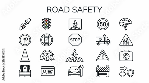Premium editable stroke monoline road safety icon set featuring seat belt, traffic light, pedestrian crossing, speed limit, bicycle helmet, road sign, no texting while driving, stop sign, emergency ve
