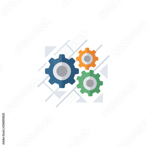 Three interlocking gears, blue, orange, green, representing teamwork and industry