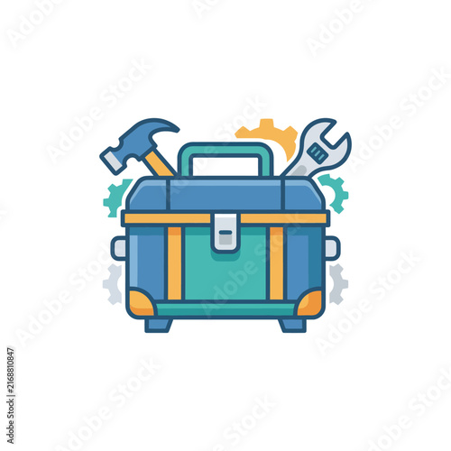 Toolbox with Hammer and Wrench, Gears - Construction and Repair Concept