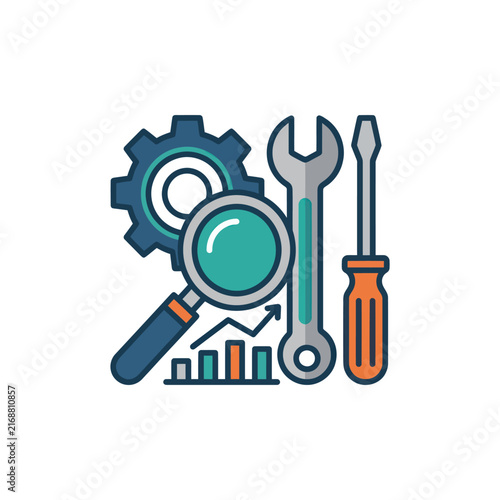 Tools and Analytics: Magnifying Glass, Gear, Wrench, Screwdriver, Graph
