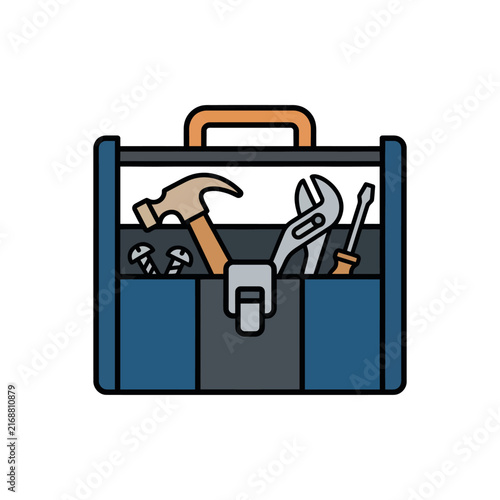 Toolbox with hammer, wrench, screwdriver, and screws. Handyman's essential equipment.
