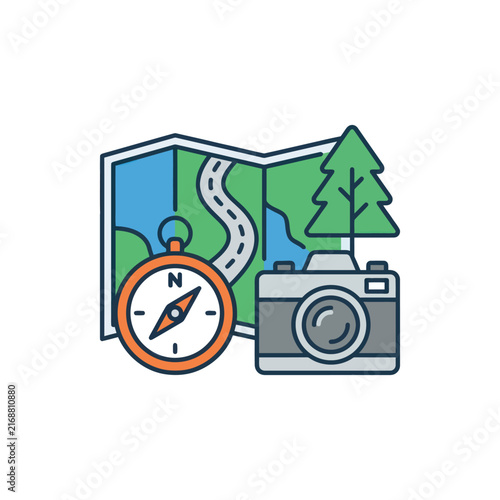Travel Adventure Icons: Compass, Map, Camera, Tree - Outdoor Exploration