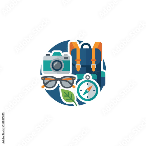 Travel Adventure Gear Icons: Camera, Backpack, Compass, Sunglasses, Leaf