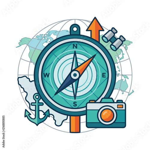 Travel Adventure Compass Map Camera Binoculars Anchor Globe Icons