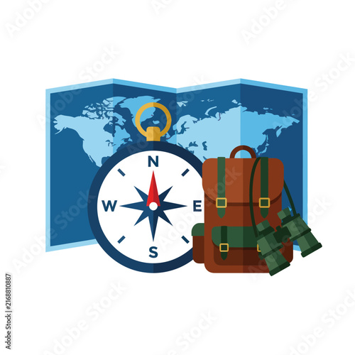 Travel Adventure Gear: Compass, Map, Backpack, Binoculars - Flat Vector Illustration